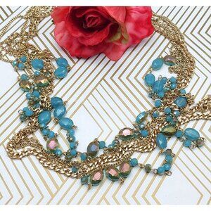 Premier Designs Gold Tone Multi Chain & Blue AB Wash Beaded Convertible Necklace